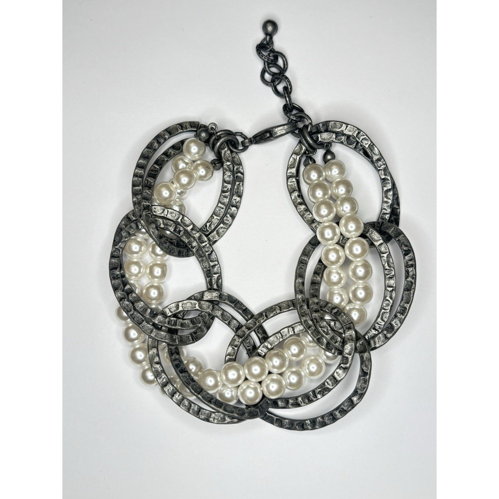 Silver Tone Hammered Oval Link Faux Pearl Multi Strand Statement Bracelet